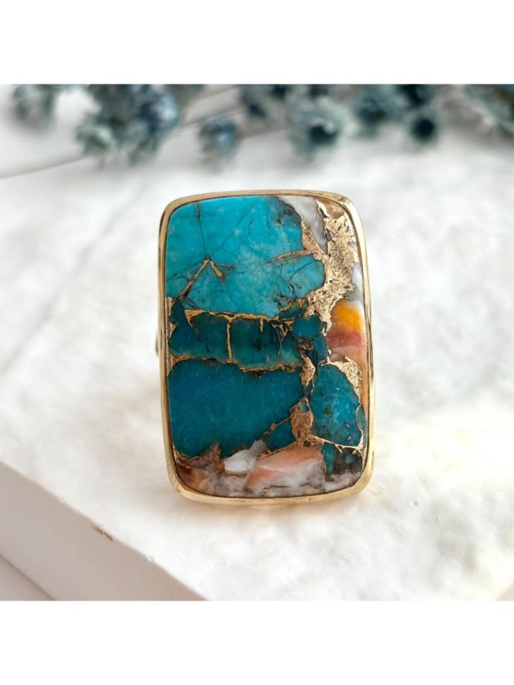 Turquoise & Spiny Oyster Gold Veining Mosaic Sterling 925 Vintage Ring - sz 9.75